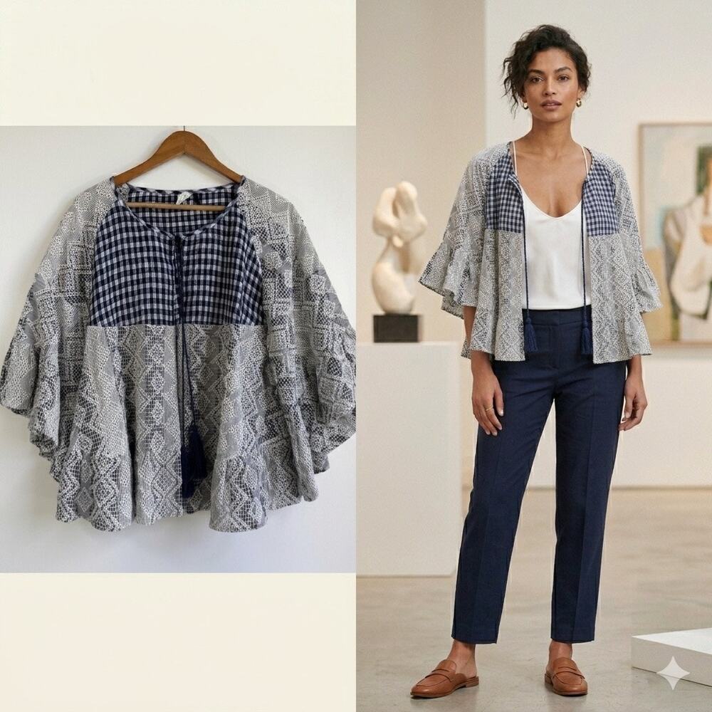 Anthropologie Akemi + Kin Gingham Eyelet Lace Kimono Boho Cape Blouse One Size